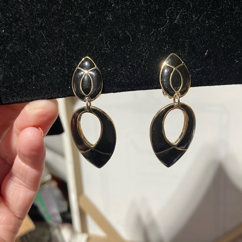 Clip-on Earrings, Teardrop Shape, Black Enamel on Gold Tone Metal